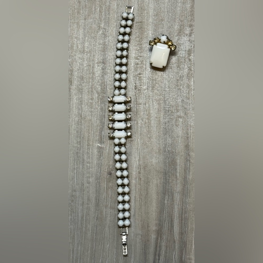 Vintage Kramer white milk glass & clear rhinestone bracelet matching clip-on.